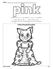 Free cat color pink coloring page and color worksheet, pink worksheet for preschoolers to learn colors, printable PDF