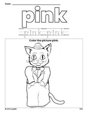 Free cat color pink coloring page and color worksheet, pink worksheet for preschoolers to learn colors, printable PDF