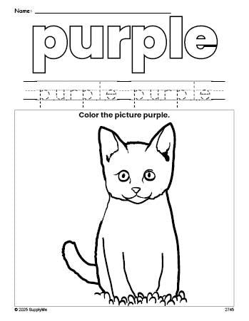 Free cat color purple coloring page and color worksheet, purple worksheet for preschoolers to learn colors, printable PDF