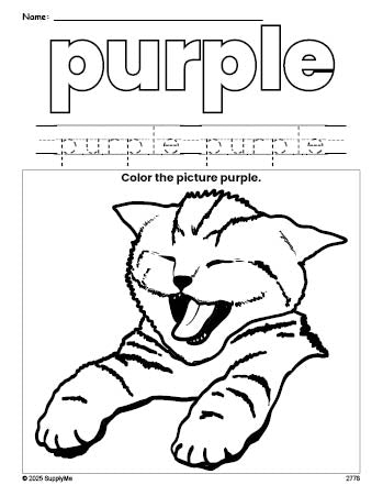 Free cat color purple coloring page and color worksheet, purple worksheet for preschoolers to learn colors, printable PDF