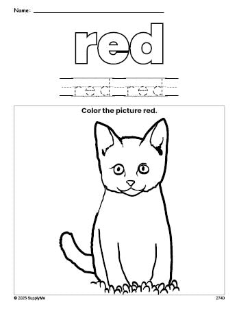 Free cat color red coloring page and color worksheet, red worksheet for preschoolers to learn colors, printable PDF