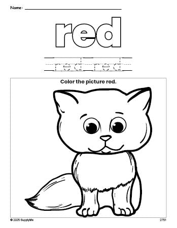 Free cat color red coloring page and color worksheet, red worksheet for preschoolers to learn colors, printable PDF