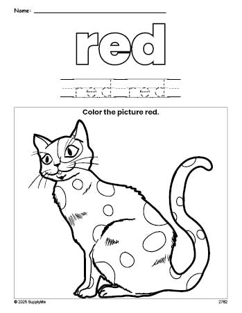 Free cat color red coloring page and color worksheet, red worksheet for preschoolers to learn colors, printable PDF