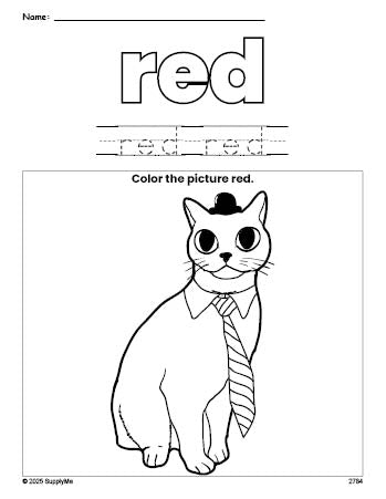 Free cat color red coloring page and color worksheet, red worksheet for preschoolers to learn colors, printable PDF