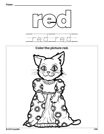 Free cat color red coloring page and color worksheet, red worksheet for preschoolers to learn colors, printable PDF