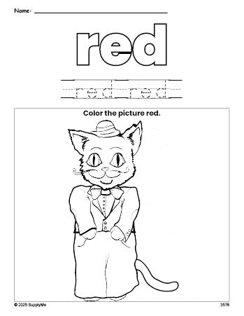 Free cat color red coloring page and color worksheet, red worksheet for preschoolers to learn colors, printable PDF