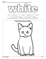 Free cat color white coloring page and color worksheet, white worksheet for preschoolers to learn colors, printable PDF