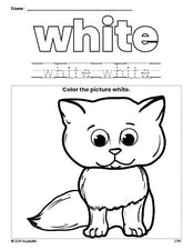 Free cat color white coloring page and color worksheet, white worksheet for preschoolers to learn colors, printable PDF