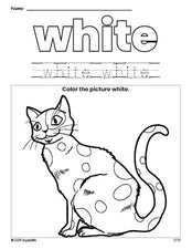 Free cat color white coloring page and color worksheet, white worksheet for preschoolers to learn colors, printable PDF