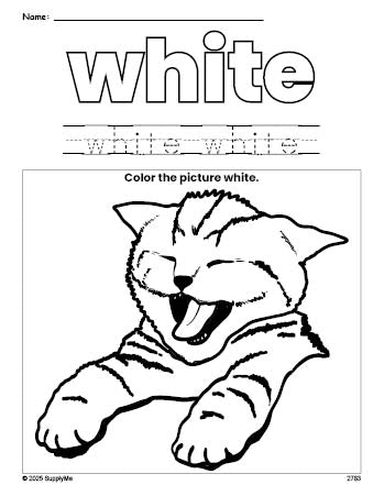 Free cat color white coloring page and color worksheet, white worksheet for preschoolers to learn colors, printable PDF