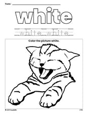 Free cat color white coloring page and color worksheet, white worksheet for preschoolers to learn colors, printable PDF