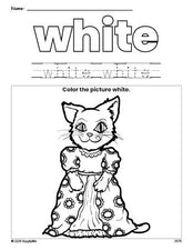 Free cat color white coloring page and color worksheet, white worksheet for preschoolers to learn colors, printable PDF