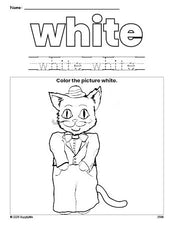 Free cat color white coloring page and color worksheet, white worksheet for preschoolers to learn colors, printable PDF