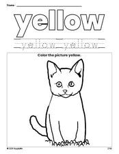 Free cat color yellow coloring page and color worksheet, yellow worksheet for preschoolers to learn colors, printable PDF