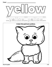 Free cat color yellow coloring page and color worksheet, yellow worksheet for preschoolers to learn colors, printable PDF