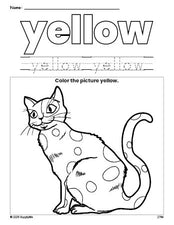 Free cat color yellow coloring page and color worksheet, yellow worksheet for preschoolers to learn colors, printable PDF