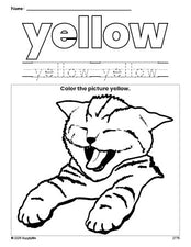 Free cat color yellow coloring page and color worksheet, yellow worksheet for preschoolers to learn colors, printable PDF