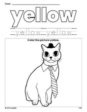 Free cat color yellow coloring page and color worksheet, yellow worksheet for preschoolers to learn colors, printable PDF