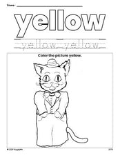 Free cat color yellow coloring page and color worksheet, yellow worksheet for preschoolers to learn colors, printable PDF