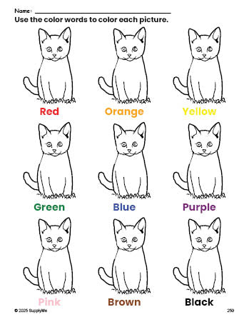 Free cat coloring page and color worksheet for preschoolers to learn colors, printable PDF