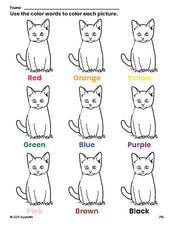 Free cat coloring page and color worksheet for preschoolers to learn colors, printable PDF