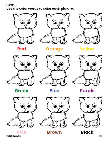 Free cat coloring page and color worksheet for preschoolers to learn colors, printable PDF