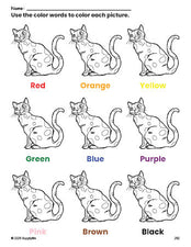 Free cat coloring page and color worksheet for preschoolers to learn colors, printable PDF