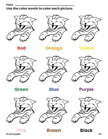 Free cat coloring page and color worksheet for preschoolers to learn colors, printable PDF