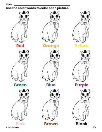 Free cat coloring page and color worksheet for preschoolers to learn colors, printable PDF