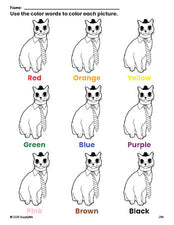 Free cat coloring page and color worksheet for preschoolers to learn colors, printable PDF