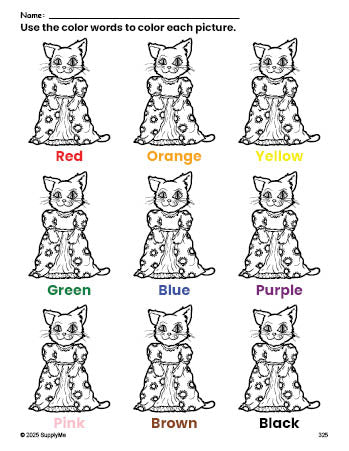 Free cat coloring page and color worksheet for preschoolers to learn colors, printable PDF