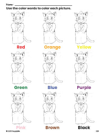 Free cat coloring page and color worksheet for preschoolers to learn colors, printable PDF