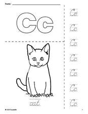 Free printable cat coloring page and cursive letter tracing worksheet, letter c worksheet for preschool, pre-k, and kindergarten, PDF