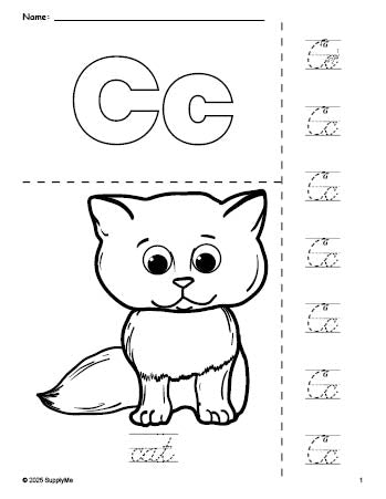 Free printable cat coloring page and cursive letter tracing worksheet, letter c worksheet for preschool, pre-k, and kindergarten, PDF