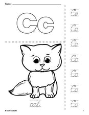 Free printable cat coloring page and cursive letter tracing worksheet, letter c worksheet for preschool, pre-k, and kindergarten, PDF