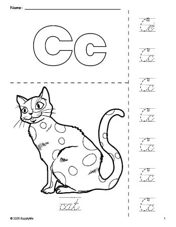 Free printable cat coloring page and cursive letter tracing worksheet, letter c worksheet for preschool, pre-k, and kindergarten, PDF