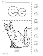 Free printable cat coloring page and cursive letter tracing worksheet, letter c worksheet for preschool, pre-k, and kindergarten, PDF