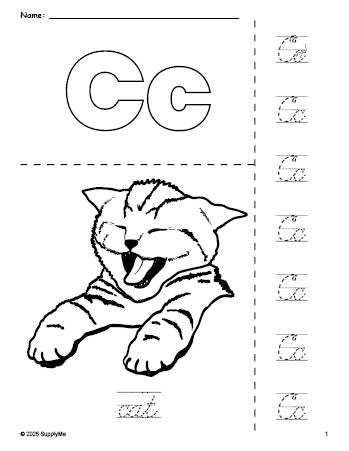 Free printable cat coloring page and cursive letter tracing worksheet, letter c worksheet for preschool, pre-k, and kindergarten, PDF