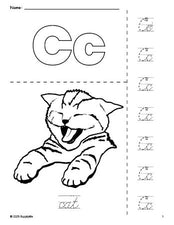 Free printable cat coloring page and cursive letter tracing worksheet, letter c worksheet for preschool, pre-k, and kindergarten, PDF