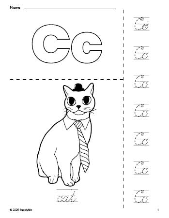 Free printable cat coloring page and cursive letter tracing worksheet, letter c worksheet for preschool, pre-k, and kindergarten, PDF