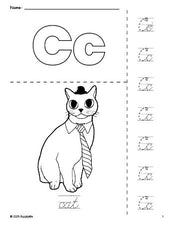 Free printable cat coloring page and cursive letter tracing worksheet, letter c worksheet for preschool, pre-k, and kindergarten, PDF