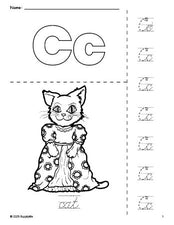 Free printable cat coloring page and cursive letter tracing worksheet, letter c worksheet for preschool, pre-k, and kindergarten, PDF