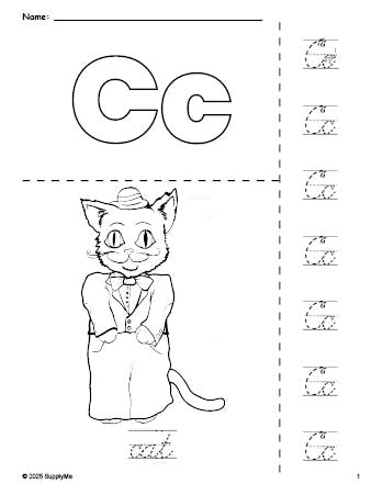 Free printable cat coloring page and cursive letter tracing worksheet, letter c worksheet for preschool, pre-k, and kindergarten, PDF