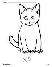 Free printable cat coloring page and cursive word tracing worksheet, perfect for preschool, pre-k, and kindergarten, PDF