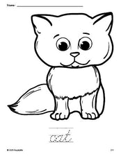 Free printable cat coloring page and cursive word tracing worksheet, perfect for preschool, pre-k, and kindergarten, PDF