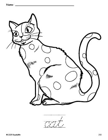 Free printable cat coloring page and cursive word tracing worksheet, perfect for preschool, pre-k, and kindergarten, PDF