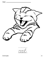 Free printable cat coloring page and cursive word tracing worksheet, perfect for preschool, pre-k, and kindergarten, PDF