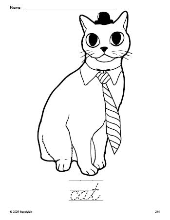 Free printable cat coloring page and cursive word tracing worksheet, perfect for preschool, pre-k, and kindergarten, PDF