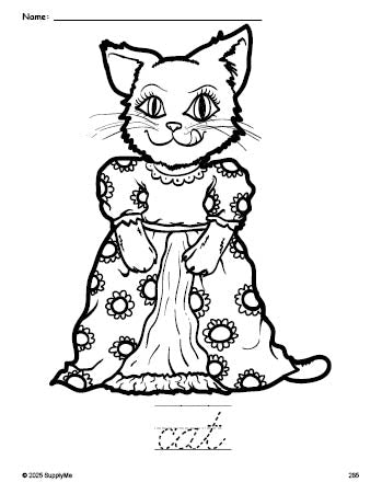 Free printable cat coloring page and cursive word tracing worksheet, perfect for preschool, pre-k, and kindergarten, PDF