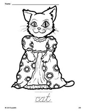 Free printable cat coloring page and cursive word tracing worksheet, perfect for preschool, pre-k, and kindergarten, PDF